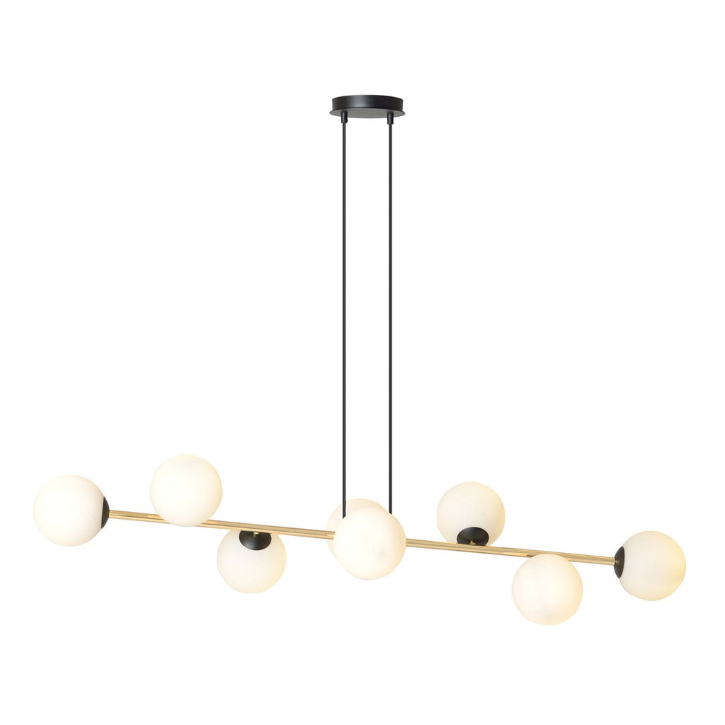 Hanglamp gepoedercoat staal Gravity glamour zwart goud met witte glazen kappen, 8 lichtpunten, 140 cm