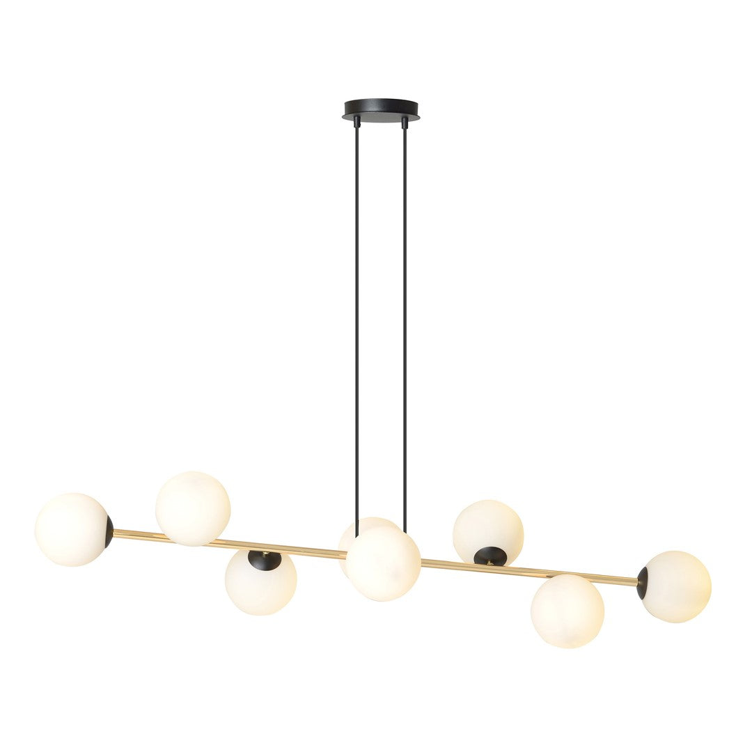 Hanglamp gepoedercoat staal Gravity glamour zwart goud met witte glazen kappen, 8 lichtpunten, 140 cm