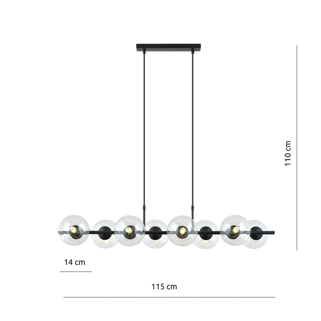 Hanglamp gepoedercoat staal en glas, Rory, zwart met transparante kappen, 115 cm breed, 8 lichts, eettafel