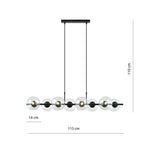 Hanglamp gepoedercoat staal en glas, Rory, zwart met transparante kappen, 115 cm breed, 8 lichts, eettafel