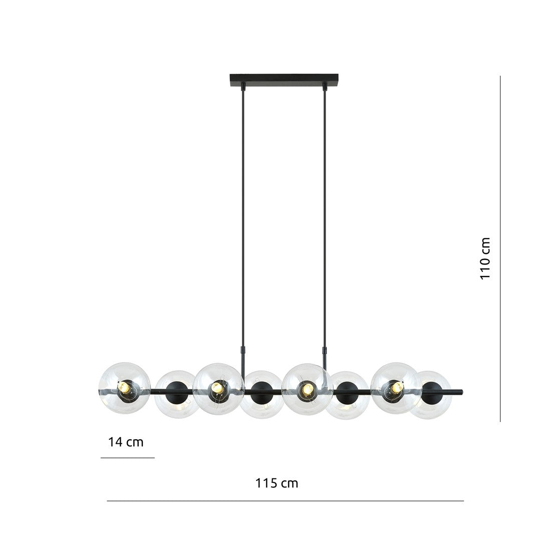 Hanglamp gepoedercoat staal en glas, Rory, zwart met transparante kappen, 115 cm breed, 8 lichts, eettafel