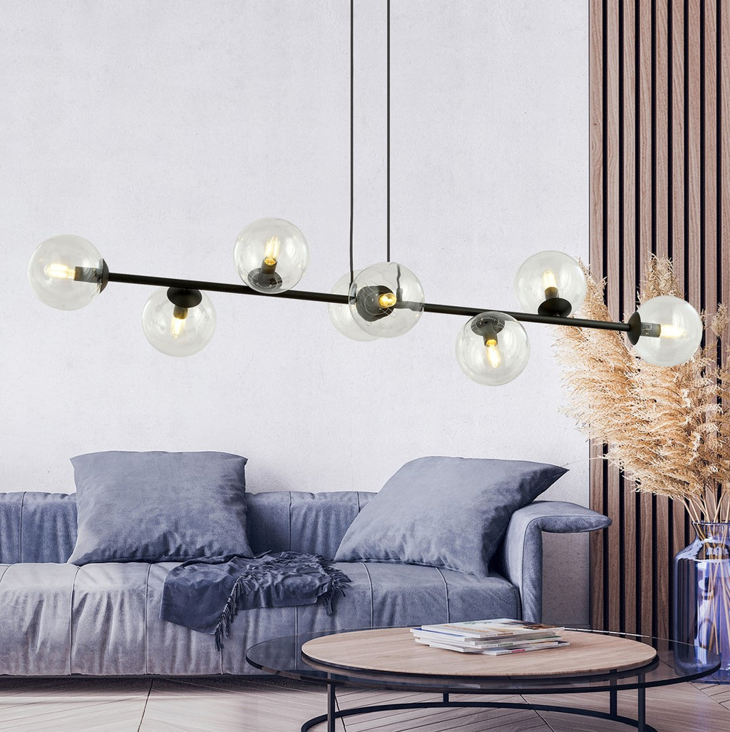 Hanglamp gepoedercoat staal en glas, modern Rossi zwart met transparant glas, 130 x 100 cm, 8 lichtpunten