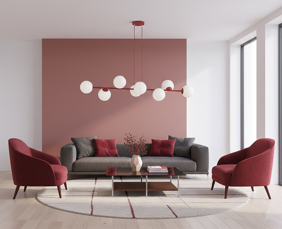 Hanglamp gepoedercoat staal modern Magnus bordeaux met witte glazen kappen, 8 fittingen E14, 130 x 30 cm