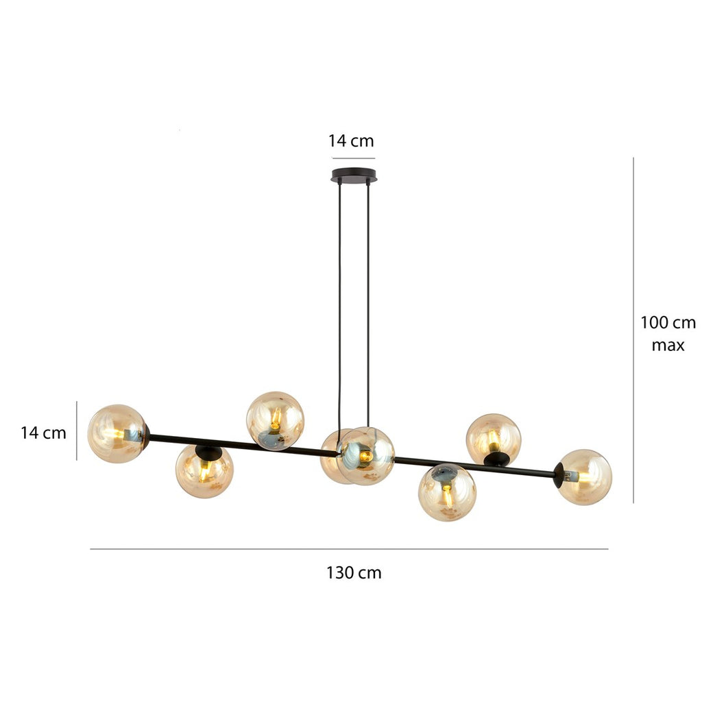 Hanglamp gepoedercoat staal en glas Rossi, modern, zwart met amber kappen, 8 lichts, 130 x 100 cm