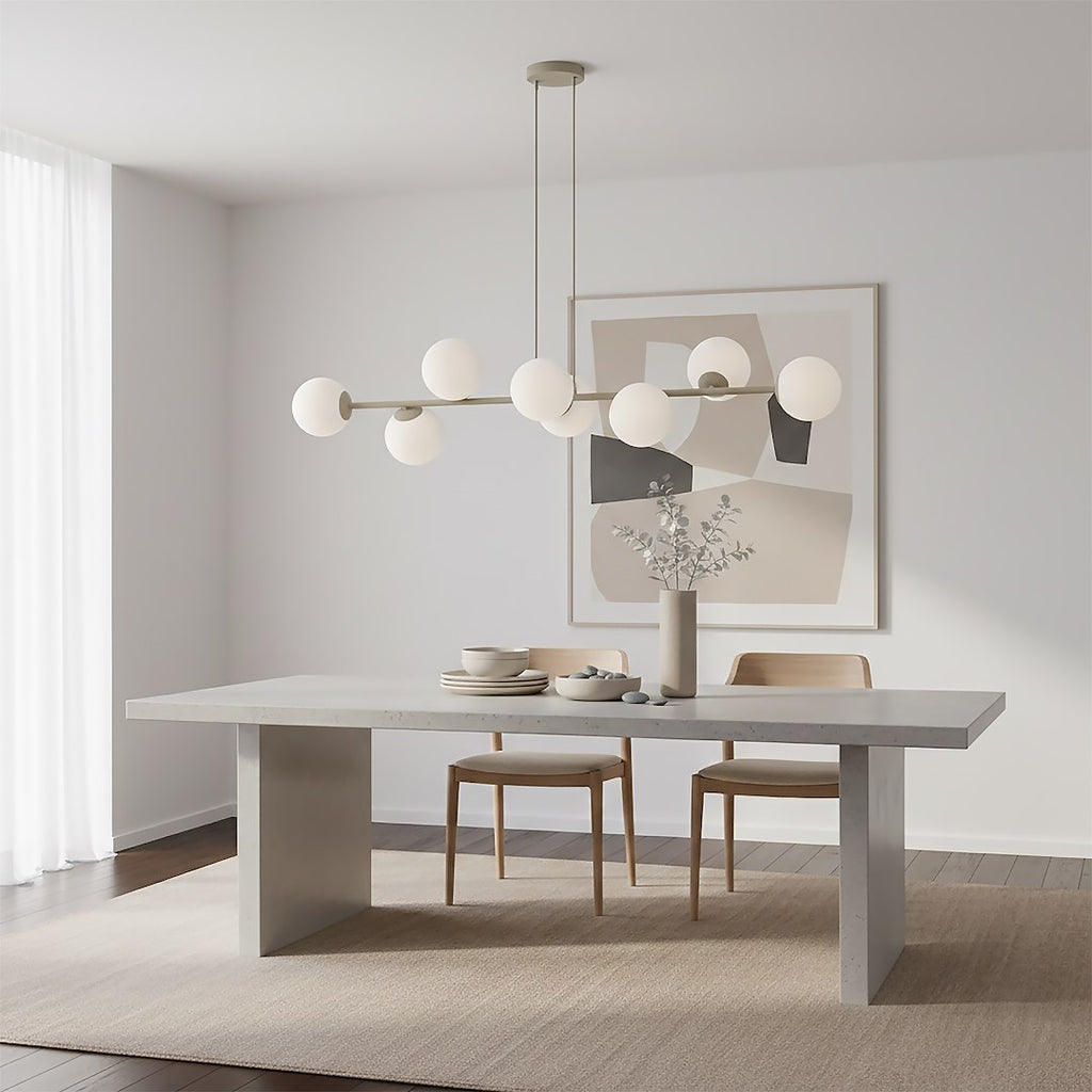 Hanglamp gepoedercoat staal en glas, modern Magnus, beige met witte kappen, 130 x 30 cm, 8 fittingen
