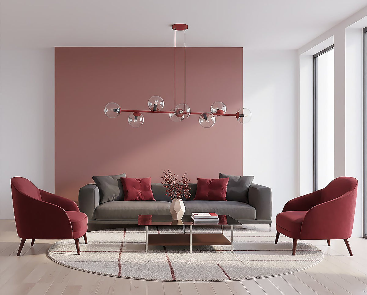 Hanglamp gepoedercoat staal met glas Magnus bordeaux, transparant, 130 x 30 cm, 8 fittingen E14