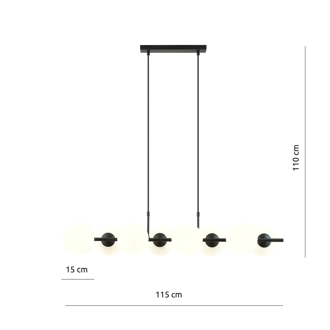 Hanglamp gepoedercoat staal en glas, modern Rory 8 lichts, zwart met witte kappen, 115 cm breed, eettafel