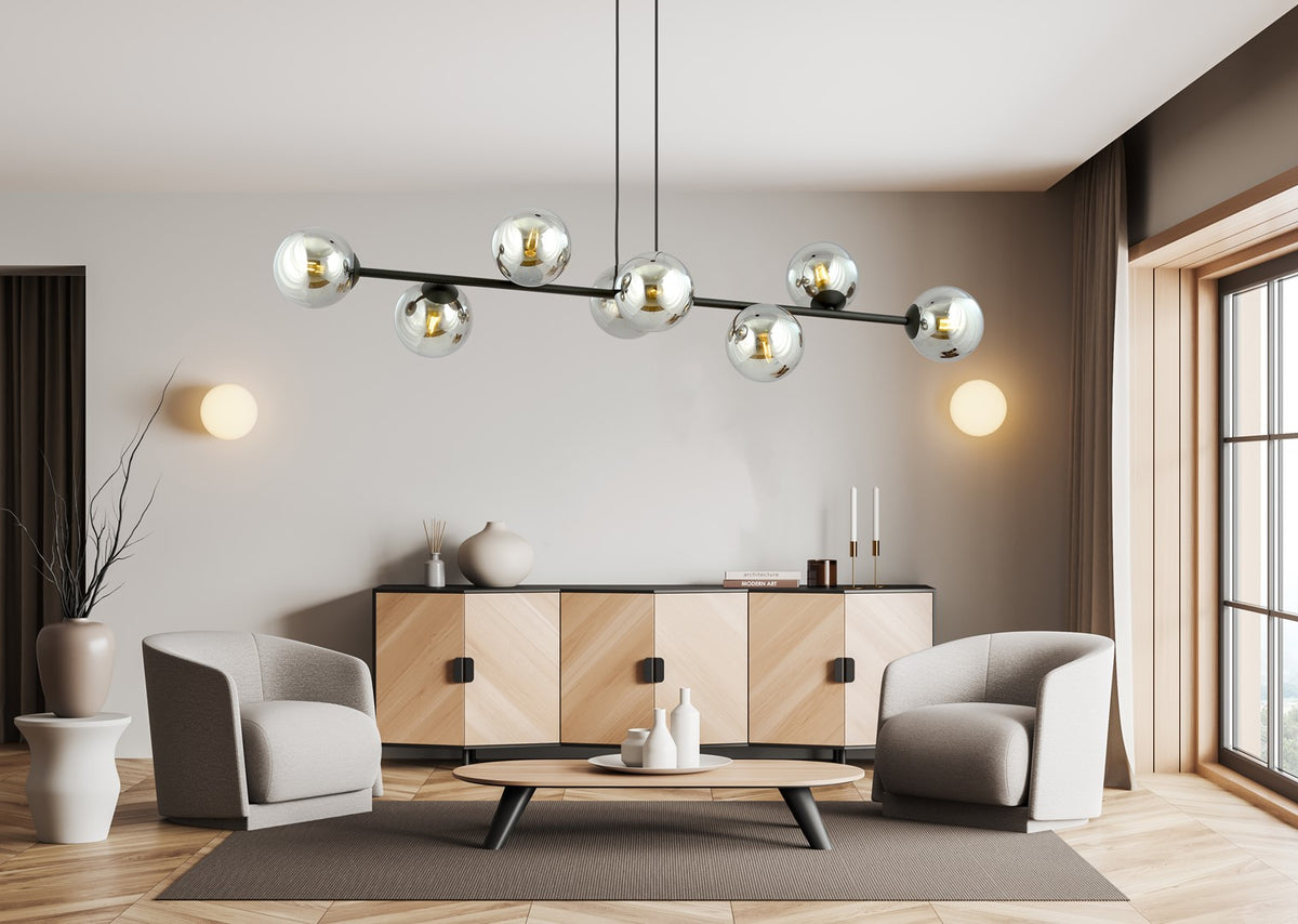 Hanglamp gepoedercoat staal en glas Rossi, zwart met grafiet kappen, 8 lichtpunten E14, 130 cm breed