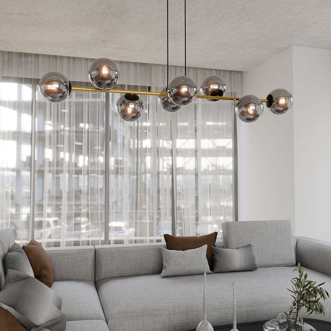 Hanglamp staal glas Gravity glamour zwart met goud en grafiet kappen, 8 lichts, 140 x 100 cm
