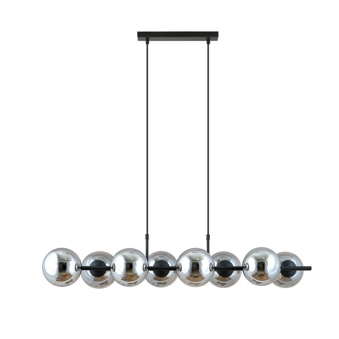 Hanglamp gepoedercoat staal en glas Rory, zwart met grafiet glazen kappen, 115 cm breed, 8 lichtpunten, eettafel