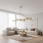 Hanglamp gepoedercoat staal en glas modern Magnus beige met amber kappen 130 cm breed, 8 lichtpunten