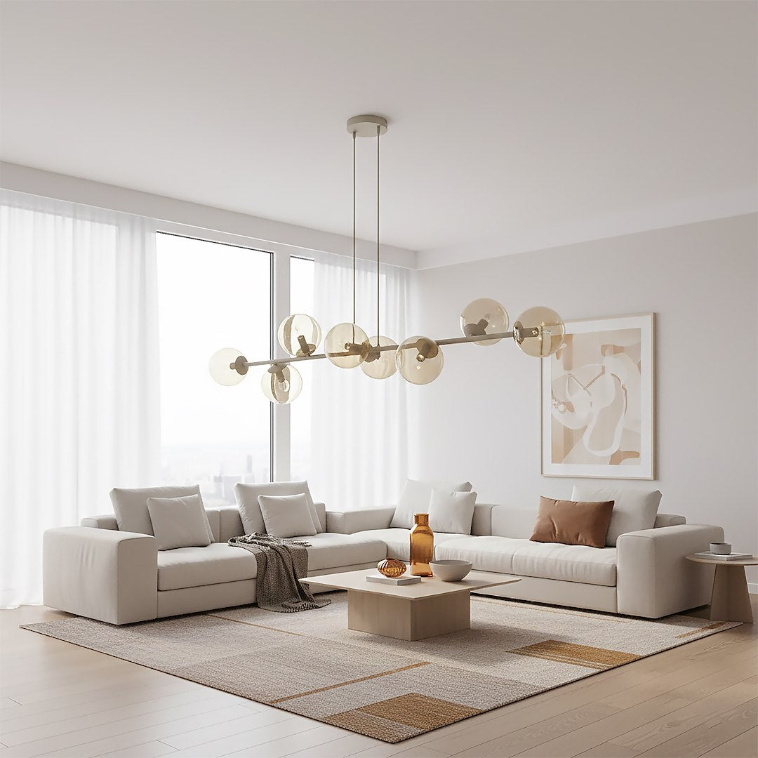 Hanglamp gepoedercoat staal en glas modern Magnus beige met amber kappen 130 cm breed, 8 lichtpunten