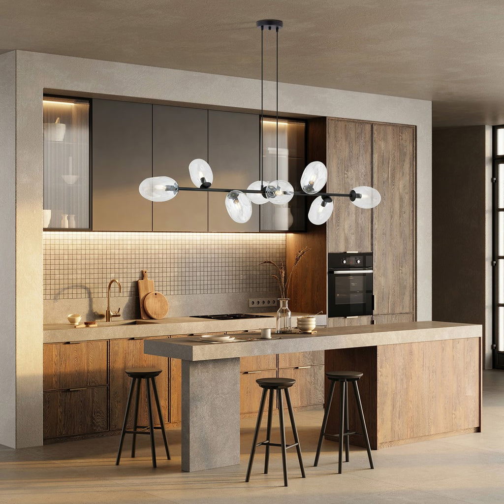 Hanglamp gepoedercoat staal en glas Pandora, zwart met transparante kappen, 8 lichts, 140 x 100 cm