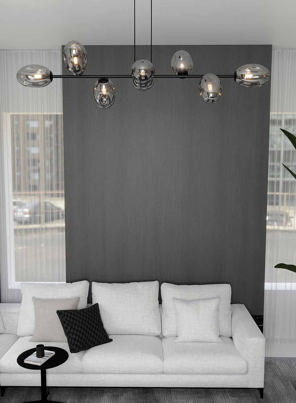 Hanglamp gepoedercoat staal en glas Pandora, modern, zwart met grafiet kappen, 8 lichtpunten E14, 140 cm