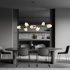 Hanglamp gepoedercoat staal en glas Pandora 8 lichts, zwart met amberkleurige kappen, 140 cm breed, eettafel of woonkamer