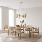 Hanglamp staal en glas Azura, glamour, beige met amber glazen kappen, 9 lichtpunten, Ø 75 cm, eettafel en woonkamer