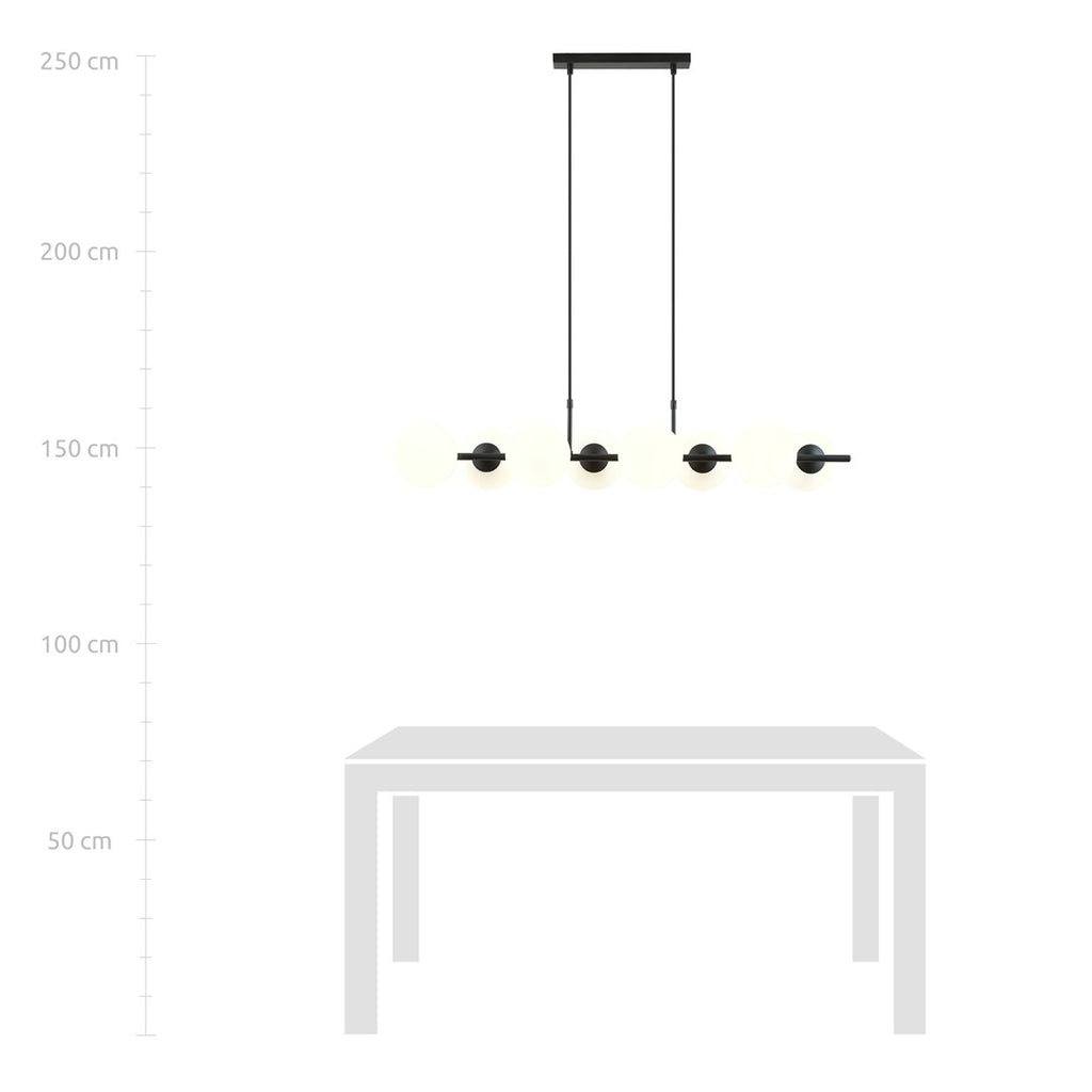 Hanglamp gepoedercoat staal en glas, modern Rory 8 lichts, zwart met witte kappen, 115 cm breed, eettafel