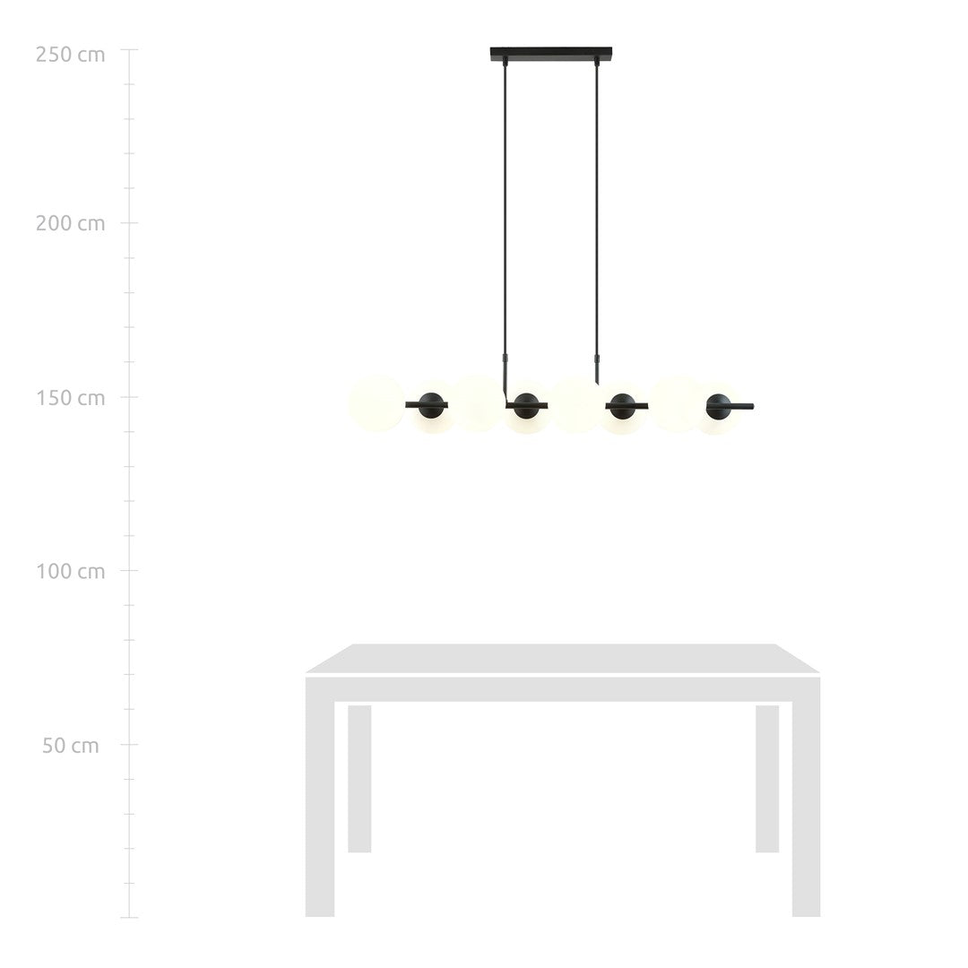 Hanglamp gepoedercoat staal en glas, modern Rory 8 lichts, zwart met witte kappen, 115 cm breed, eettafel