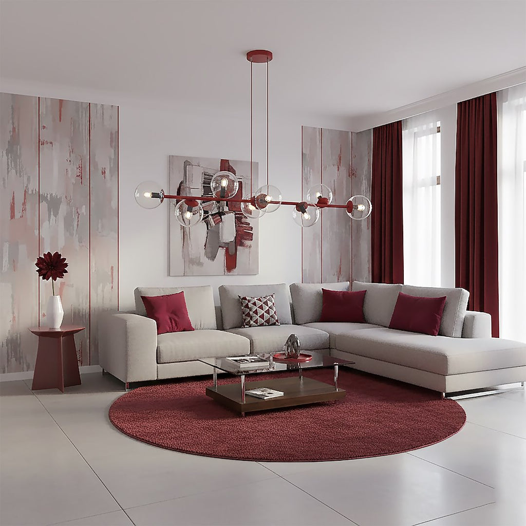 Hanglamp gepoedercoat staal met glas Magnus bordeaux, transparant, 130 x 30 cm, 8 fittingen E14