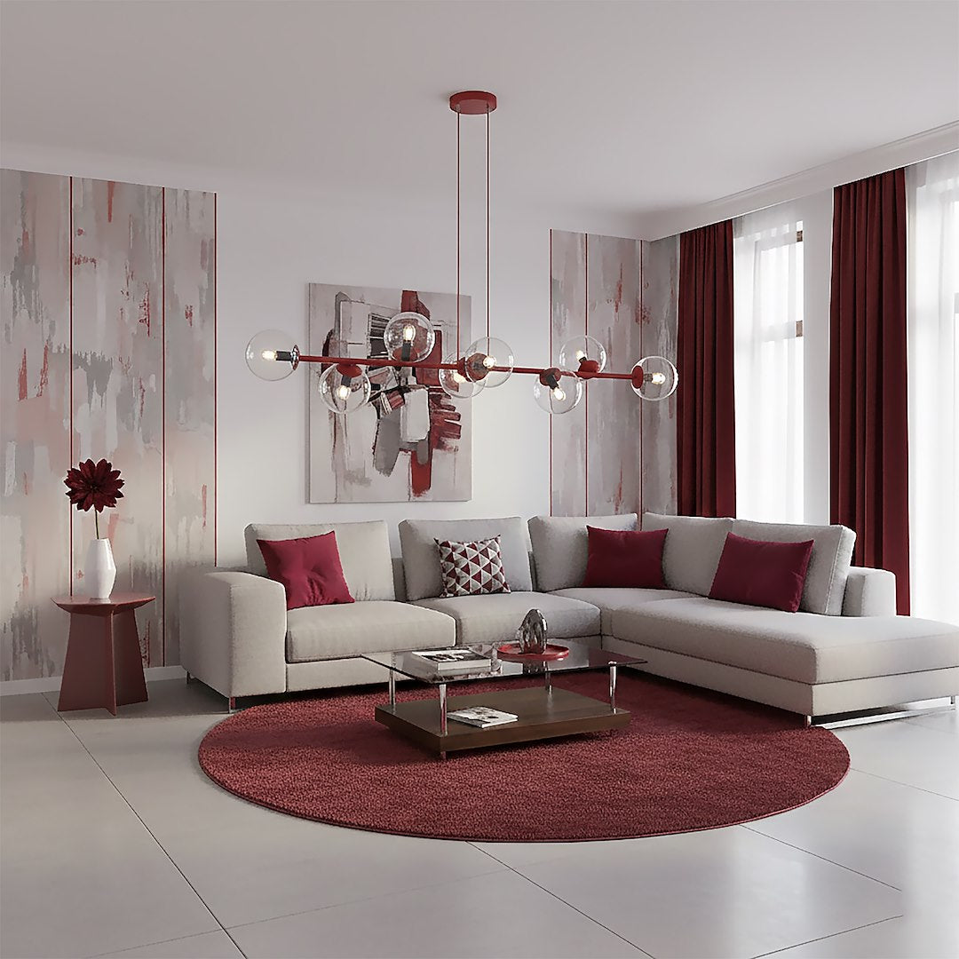 Hanglamp gepoedercoat staal met glas Magnus bordeaux, transparant, 130 x 30 cm, 8 fittingen E14