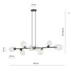 Hanglamp gepoedercoat staal en glas Pandora, zwart met transparante kappen, 8 lichts, 140 x 100 cm
