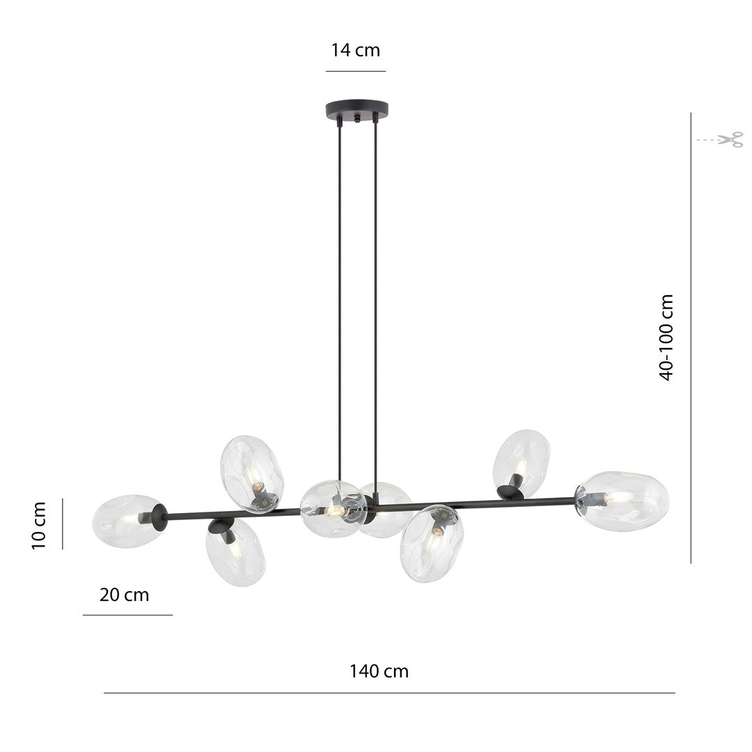 Hanglamp gepoedercoat staal en glas Pandora, zwart met transparante kappen, 8 lichts, 140 x 100 cm
