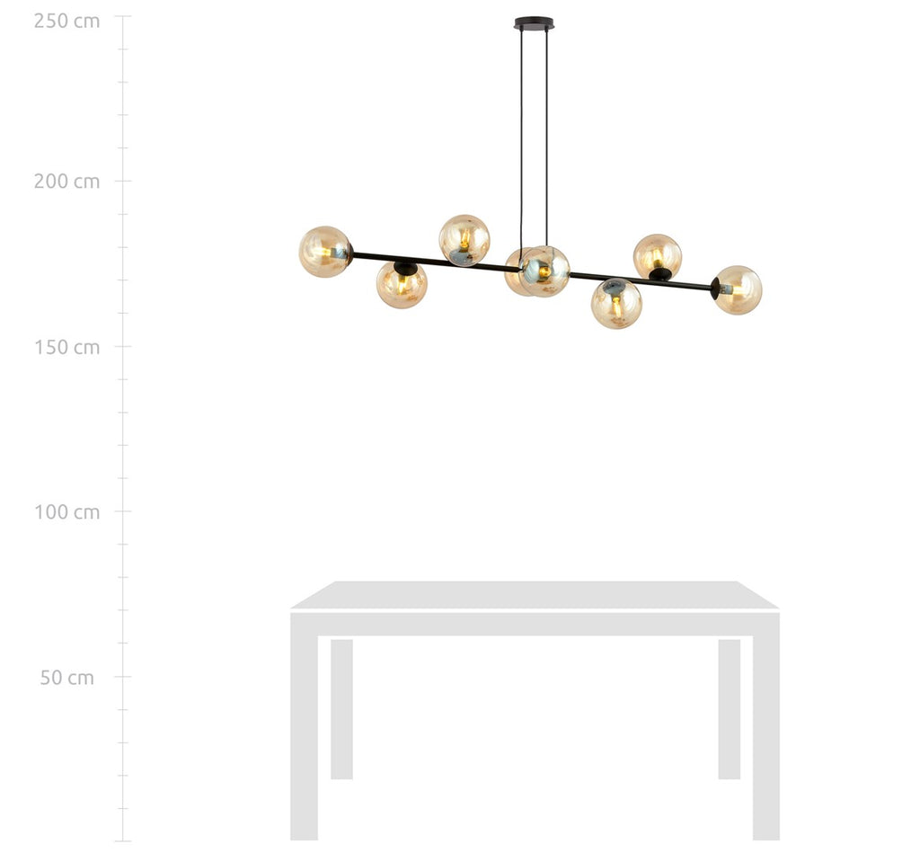 Hanglamp gepoedercoat staal en glas Rossi, modern, zwart met amber kappen, 8 lichts, 130 x 100 cm