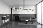 Hanglamp gepoedercoat staal en glas, modern Rossi zwart met transparant glas, 130 x 100 cm, 8 lichtpunten