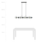 Hanglamp gepoedercoat staal en glas, Rory, zwart met transparante kappen, 115 cm breed, 8 lichts, eettafel