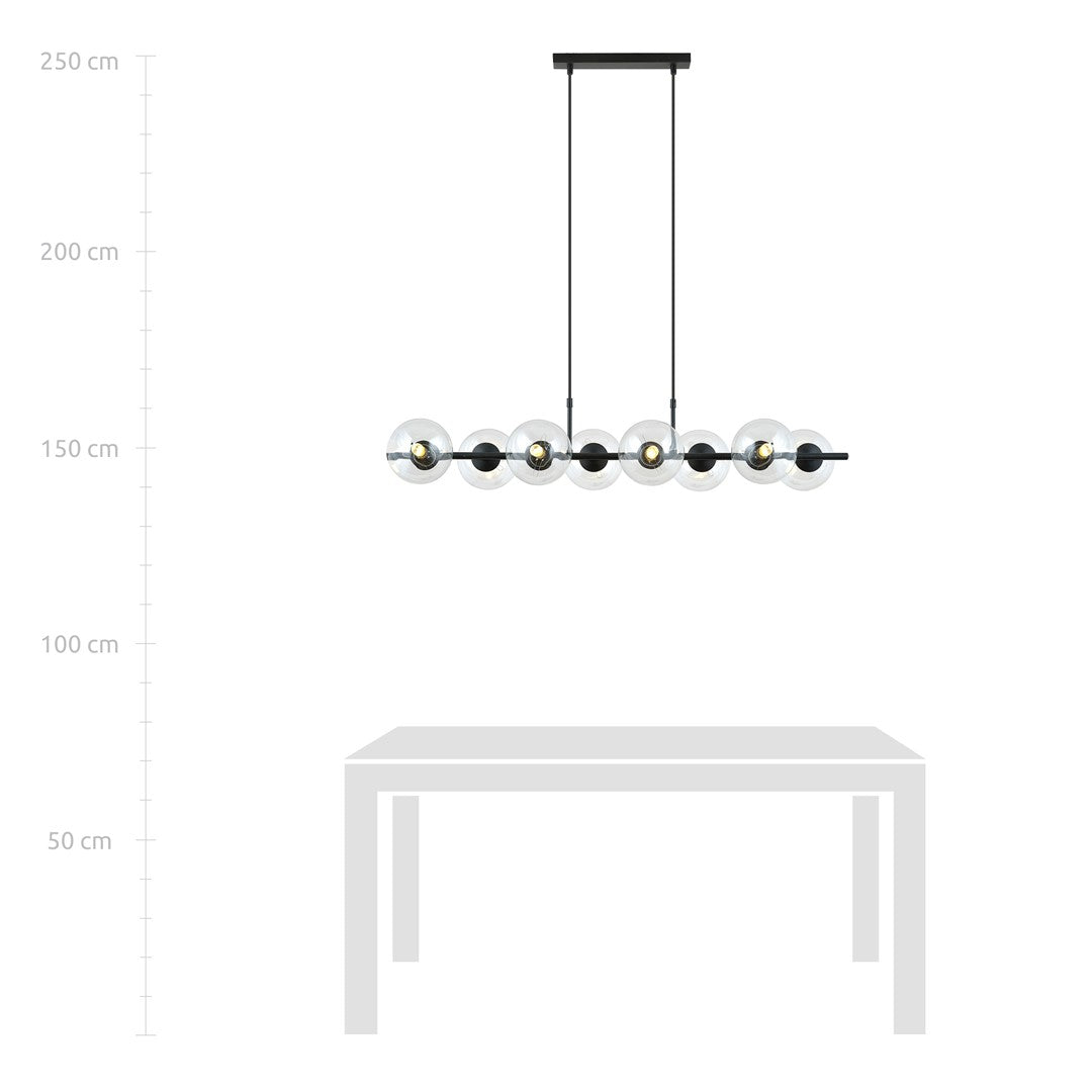 Hanglamp gepoedercoat staal en glas, Rory, zwart met transparante kappen, 115 cm breed, 8 lichts, eettafel
