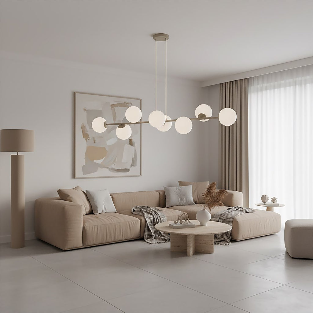 Hanglamp gepoedercoat staal en glas, modern Magnus, beige met witte kappen, 130 x 30 cm, 8 fittingen