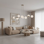 Hanglamp gepoedercoat staal en glas, modern Magnus, beige met witte kappen, 130 x 30 cm, 8 fittingen