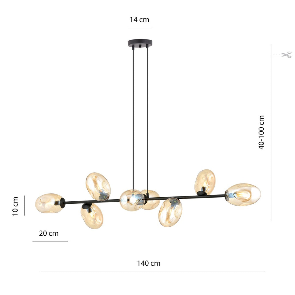 Hanglamp gepoedercoat staal en glas Pandora 8 lichts, zwart met amberkleurige kappen, 140 cm breed, eettafel of woonkamer