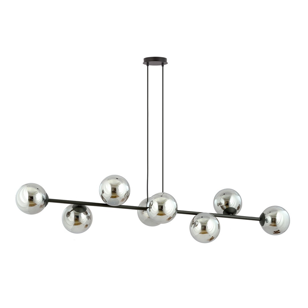 Hanglamp gepoedercoat staal en glas Rossi, zwart met grafiet kappen, 8 lichtpunten E14, 130 cm breed