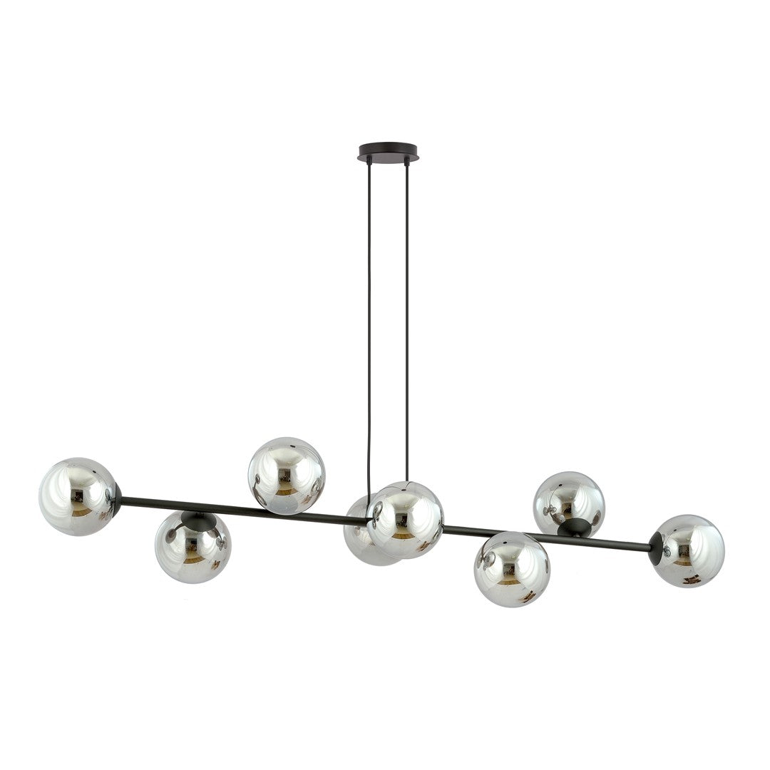 Hanglamp gepoedercoat staal en glas Rossi, zwart met grafiet kappen, 8 lichtpunten E14, 130 cm breed