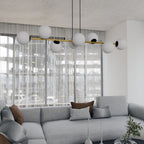 Hanglamp gepoedercoat staal Gravity glamour zwart goud met witte glazen kappen, 8 lichtpunten, 140 cm