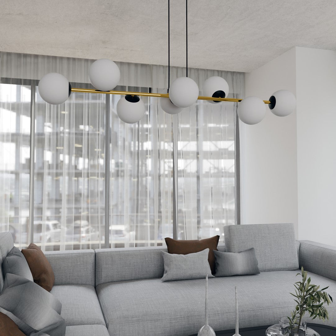Hanglamp gepoedercoat staal Gravity glamour zwart goud met witte glazen kappen, 8 lichtpunten, 140 cm