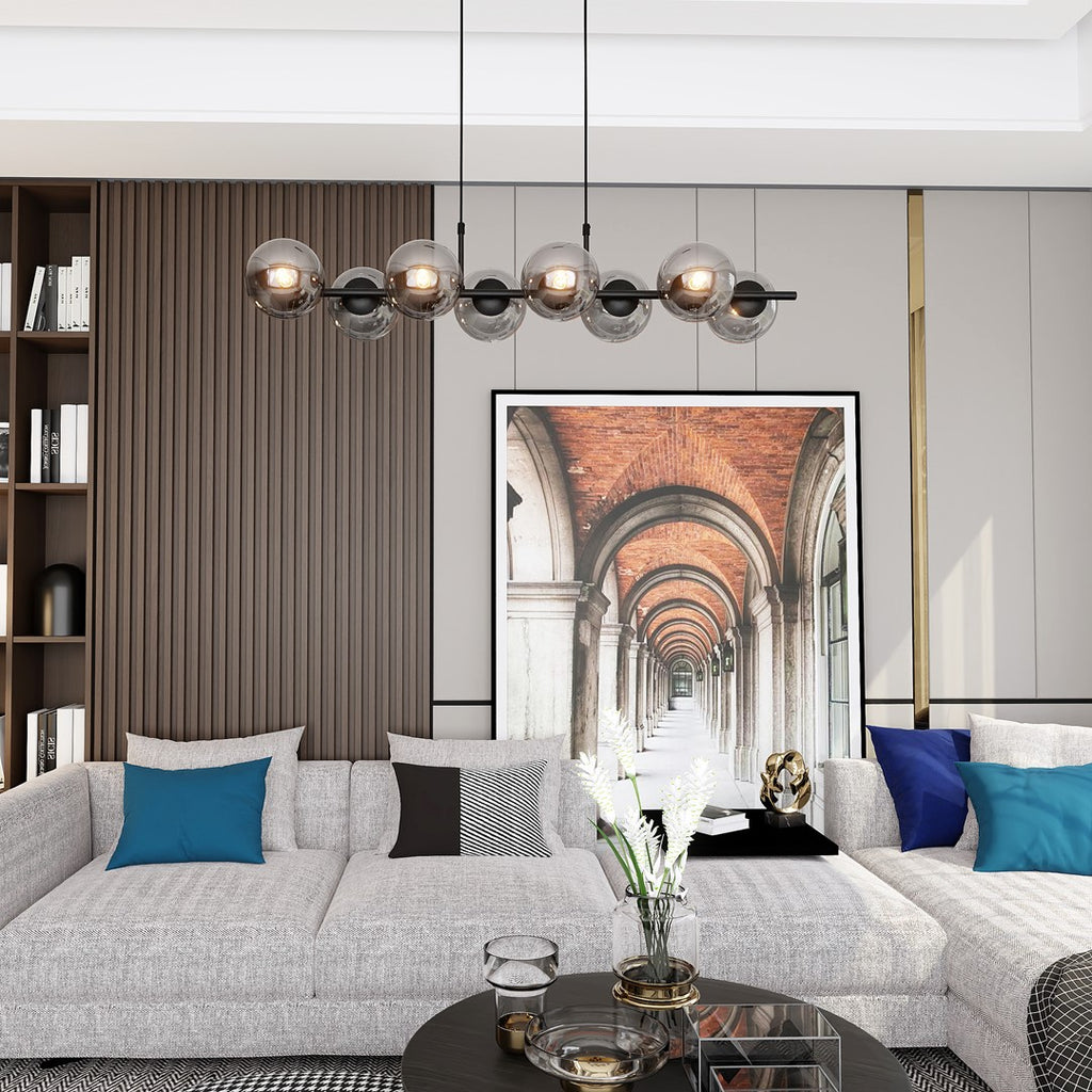 Hanglamp gepoedercoat staal en glas Rory, zwart met grafiet glazen kappen, 115 cm breed, 8 lichtpunten, eettafel