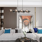 Hanglamp gepoedercoat staal en glas Rory, zwart met grafiet glazen kappen, 115 cm breed, 8 lichtpunten, eettafel