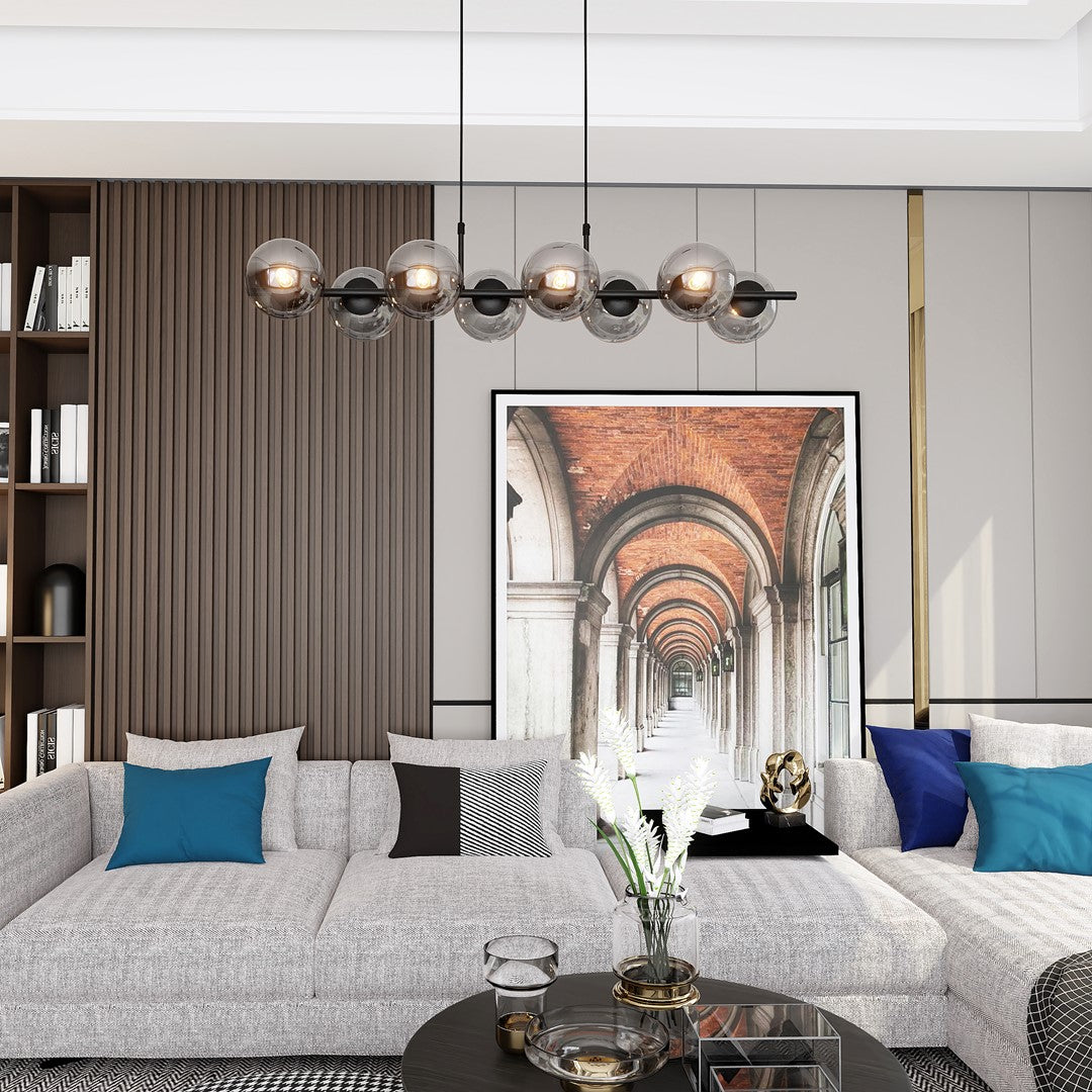 Hanglamp gepoedercoat staal en glas Rory, zwart met grafiet glazen kappen, 115 cm breed, 8 lichtpunten, eettafel