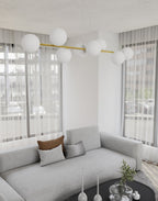 Hanglamp gepoedercoat staal en glas Gravity, wit en goud, 140 cm breed, 8 fittingen E14, verstelbare hoogte