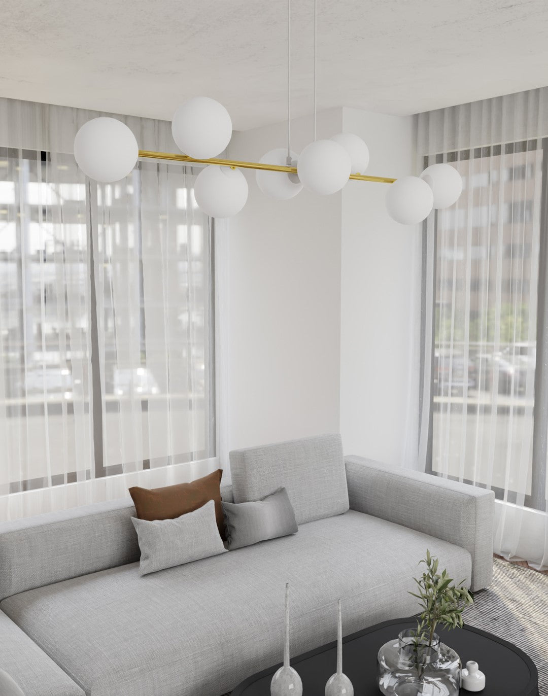 Hanglamp gepoedercoat staal en glas Gravity, wit en goud, 140 cm breed, 8 fittingen E14, verstelbare hoogte