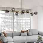Hanglamp staal glas Gravity glamour zwart met goud en grafiet kappen, 8 lichts, 140 x 100 cm