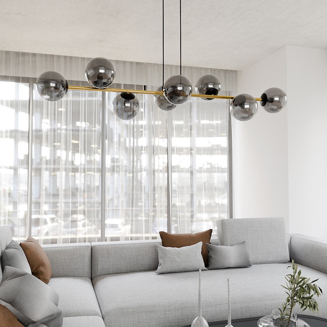 Hanglamp staal glas Gravity glamour zwart met goud en grafiet kappen, 8 lichts, 140 x 100 cm