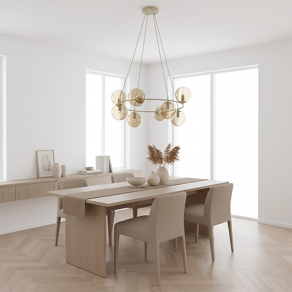Hanglamp staal en glas Azura, glamour, beige met amber glazen kappen, 9 lichtpunten, Ø 75 cm, eettafel en woonkamer