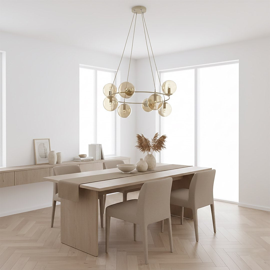Hanglamp staal en glas Azura, glamour, beige met amber glazen kappen, 9 lichtpunten, Ø 75 cm, eettafel en woonkamer