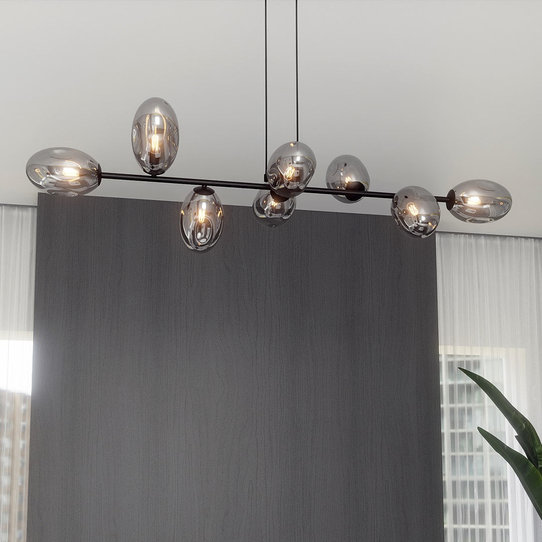 Hanglamp gepoedercoat staal en glas Pandora, modern, zwart met grafiet kappen, 8 lichtpunten E14, 140 cm