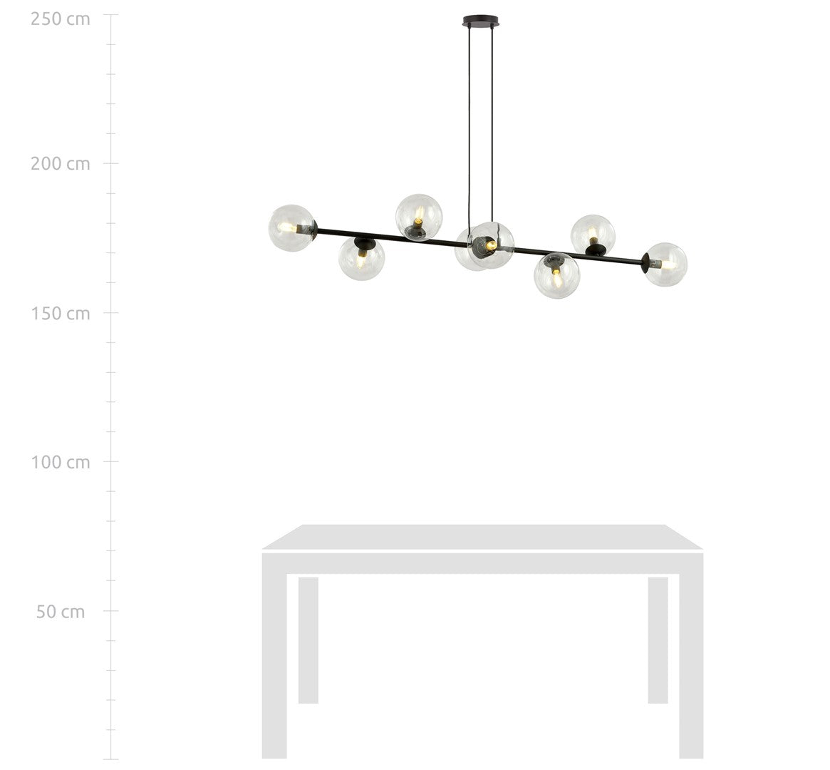 Hanglamp gepoedercoat staal en glas, modern Rossi zwart met transparant glas, 130 x 100 cm, 8 lichtpunten