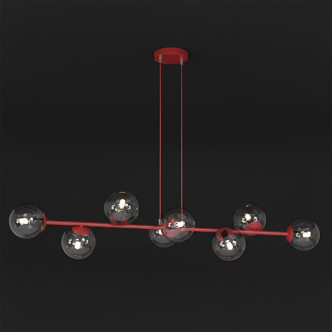 Hanglamp gepoedercoat staal met glas Magnus bordeaux, transparant, 130 x 30 cm, 8 fittingen E14