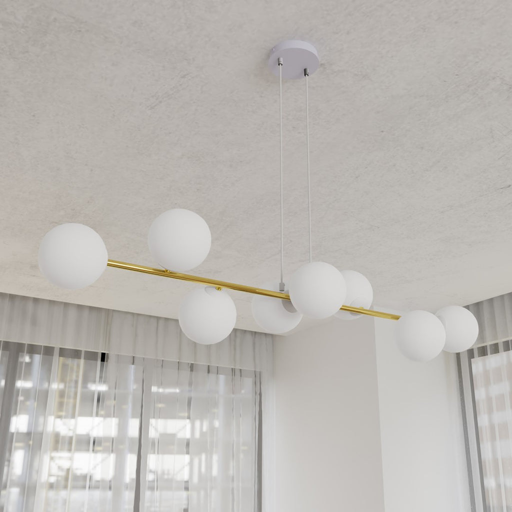 Hanglamp gepoedercoat staal en glas Gravity, wit en goud, 140 cm breed, 8 fittingen E14, verstelbare hoogte